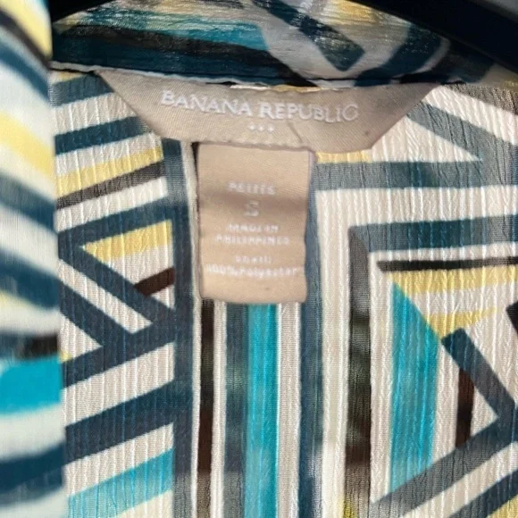 Banana Republic blue yellow navy stripe geo print tie blouse shirt top business - Picture 2 of 10